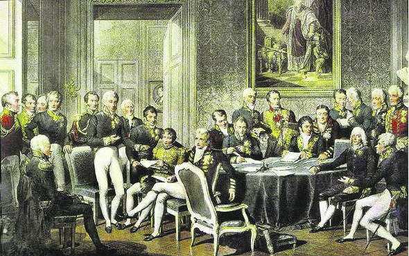 Mit ihrer Gleichgewichtspolitik prägten sie den Wiener Kongreß: Metternich (stehend) und Castereagh (vor ihm lässig sitzend)