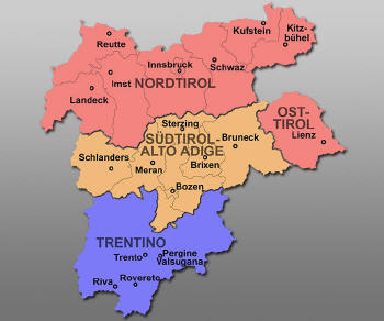 Die historische Region Tirol, sowie die heutige Europaregion Tirol-Südtirol / Alto Adige Terentino. - Karte für weitere Informationen anklicken!