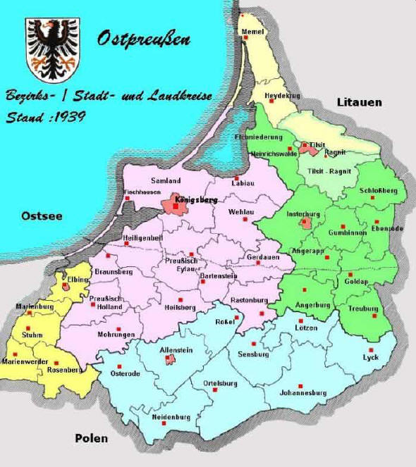 Verwaltungsübersicht Ostpreußen mit Demarkationslinie ab 1945 zwischen dem polnischen und russischen Verwaltungsbereich